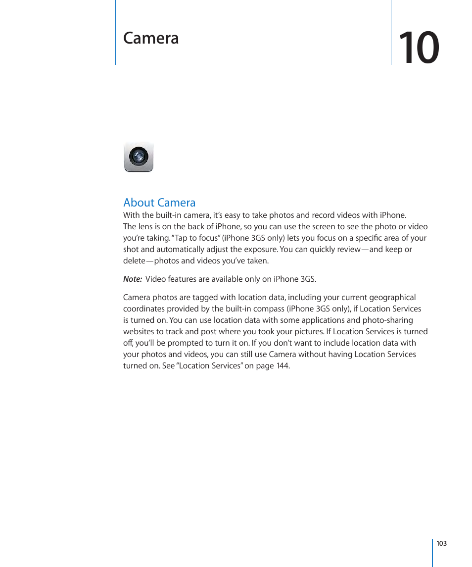 Chapter 10: camera, About camera, 103 about camera | Apple iPhone OS 3.1 User Manual | Page 103 / 217