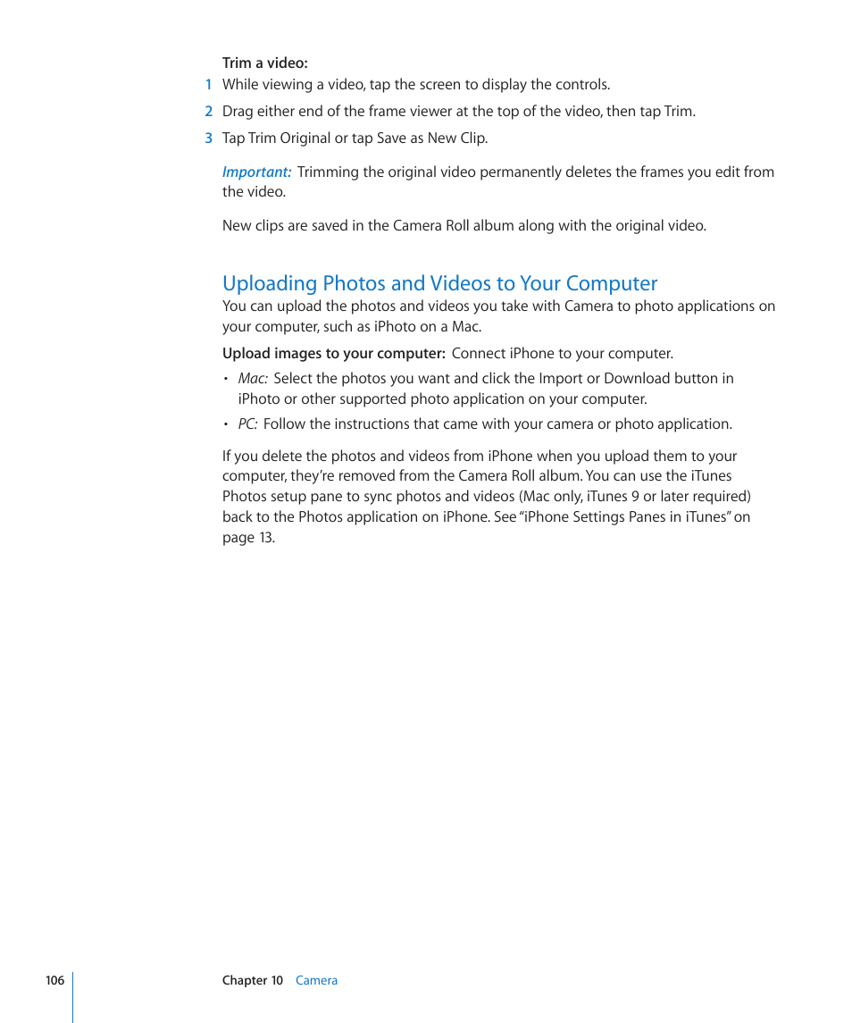 Uploading photos and videos to your computer, 106 uploading photos and videos to your computer | Apple iPhone OS 3.1 User Manual | Page 106 / 217