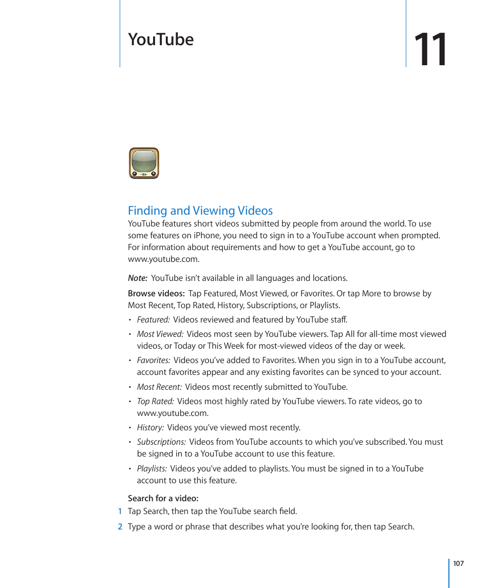 Chapter 11: youtube, Finding and viewing videos, 107 finding and viewing videos | Youtube | Apple iPhone OS 3.1 User Manual | Page 107 / 217