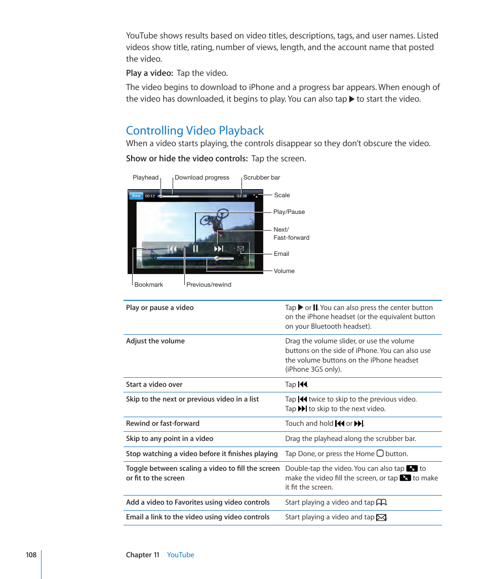 Controlling video playback, 108 controlling video playback | Apple iPhone OS 3.1 User Manual | Page 108 / 217