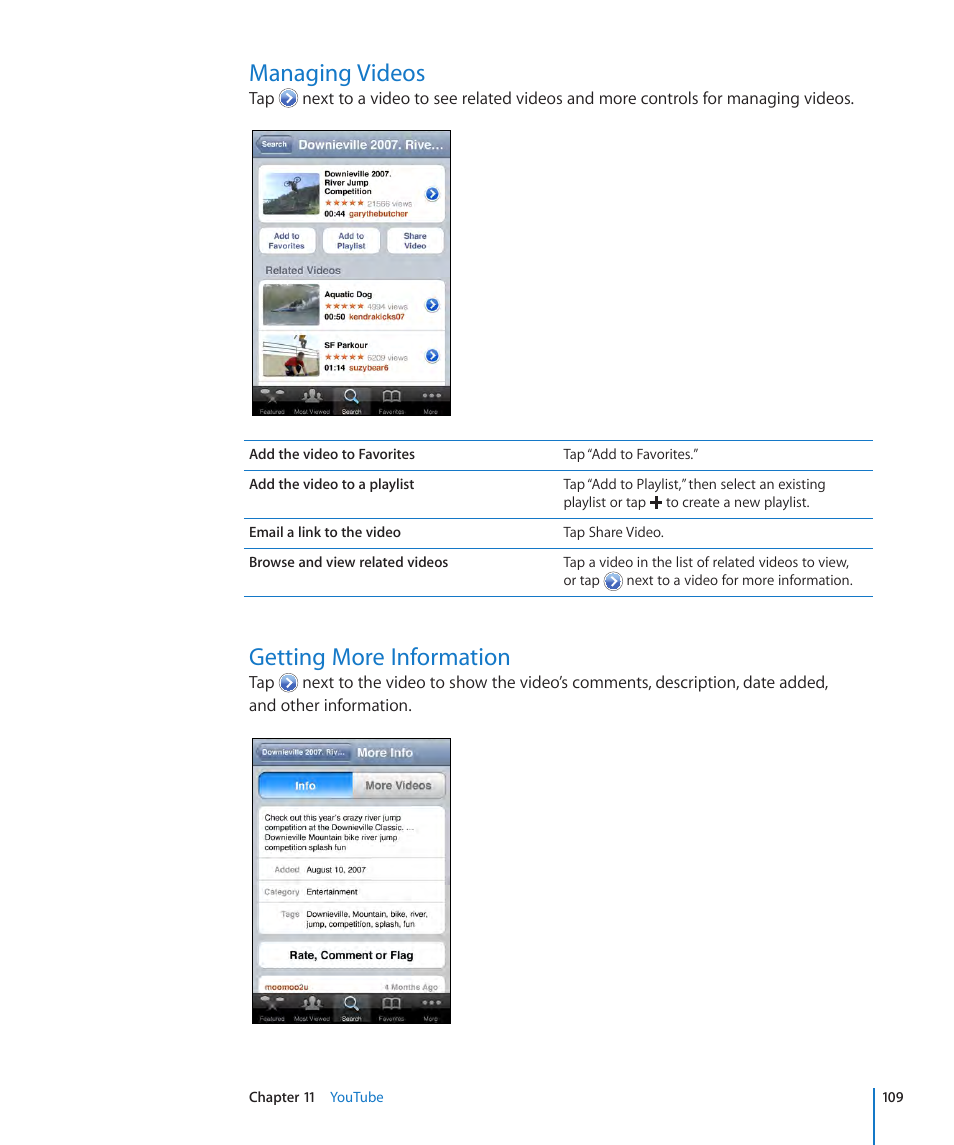 Managing videos, Getting more information, 109 managing videos 109 getting more information | Apple iPhone OS 3.1 User Manual | Page 109 / 217