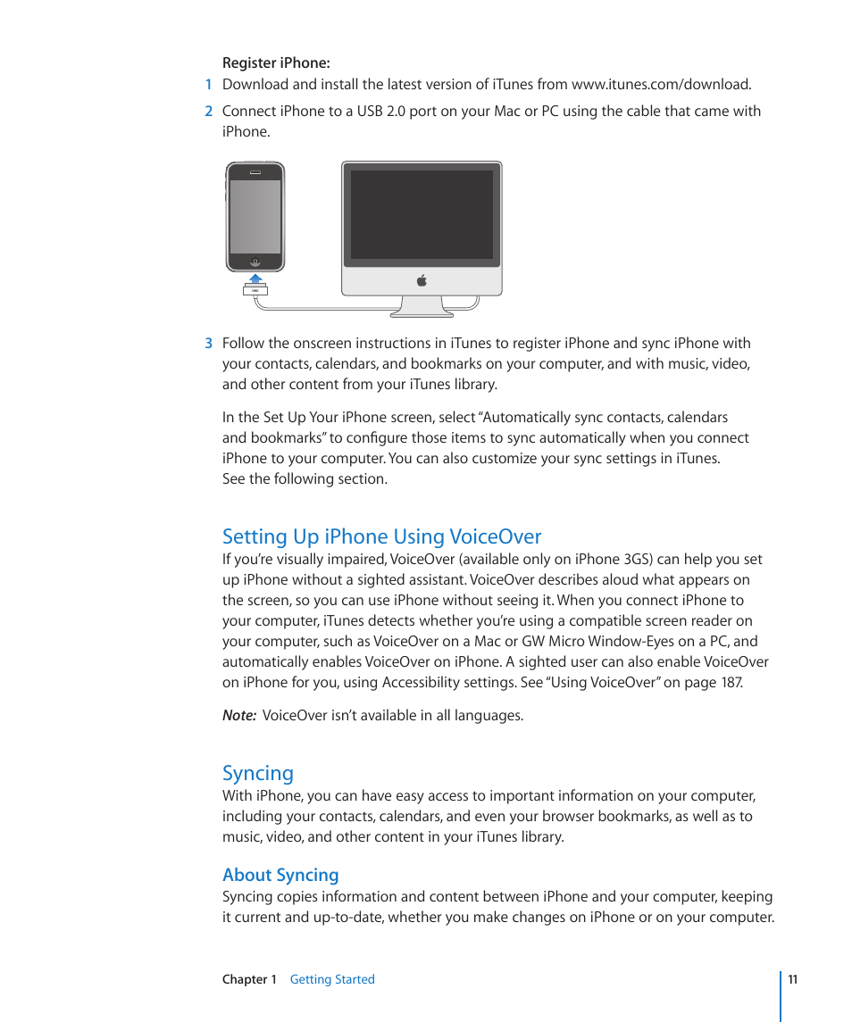 Setting up iphone using voiceover, Syncing, About syncing | Apple iPhone OS 3.1 User Manual | Page 11 / 217