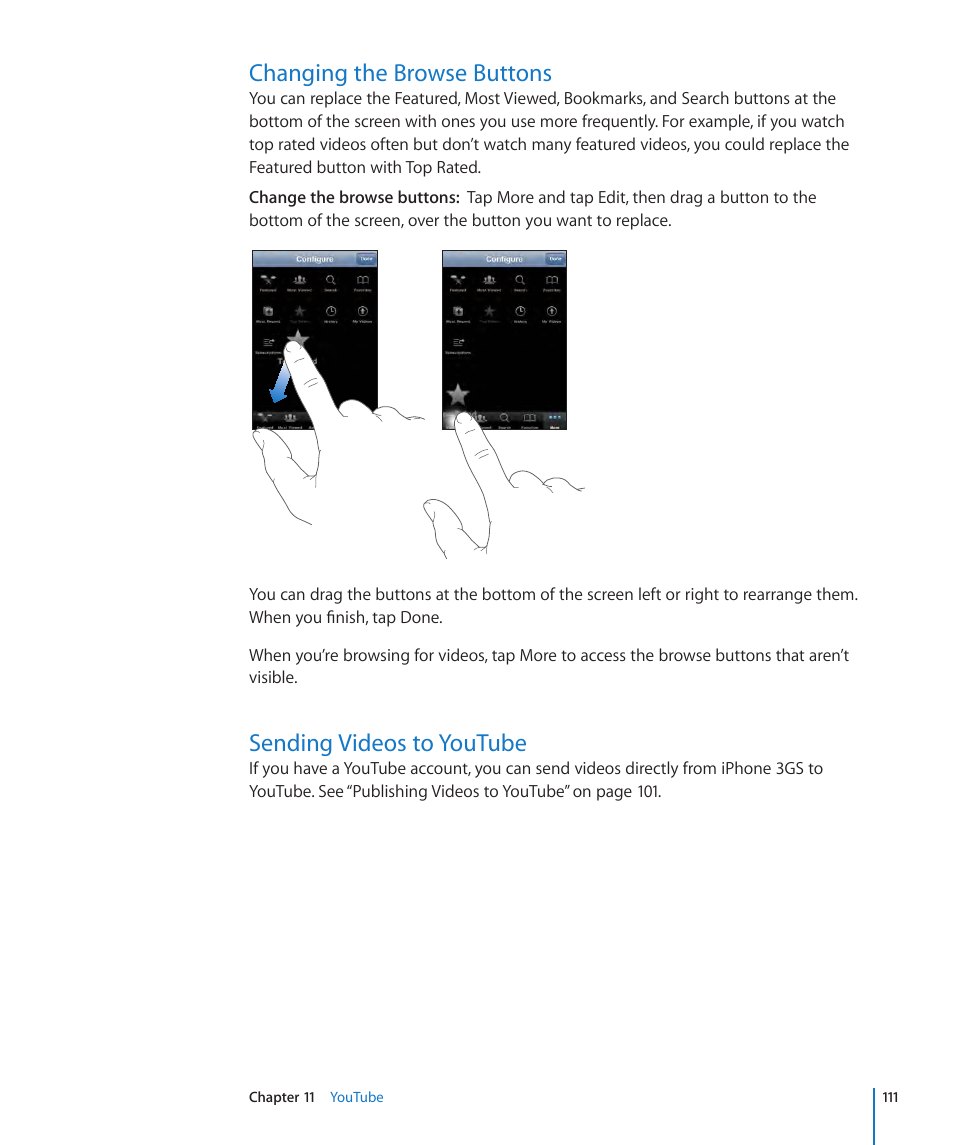 Changing the browse buttons, Sending videos to youtube | Apple iPhone OS 3.1 User Manual | Page 111 / 217