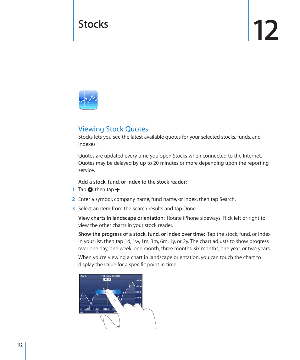 Chapter 12: stocks, Viewing stock quotes, 112 viewing stock quotes | Stocks | Apple iPhone OS 3.1 User Manual | Page 112 / 217