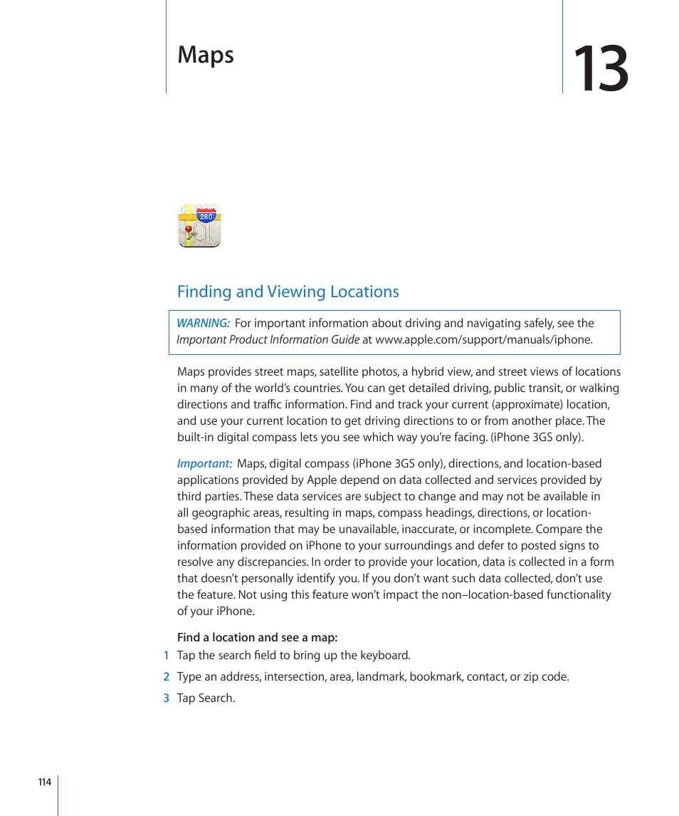 Chapter 13: maps, Finding and viewing locations, 114 finding and viewing locations | Maps | Apple iPhone OS 3.1 User Manual | Page 114 / 217