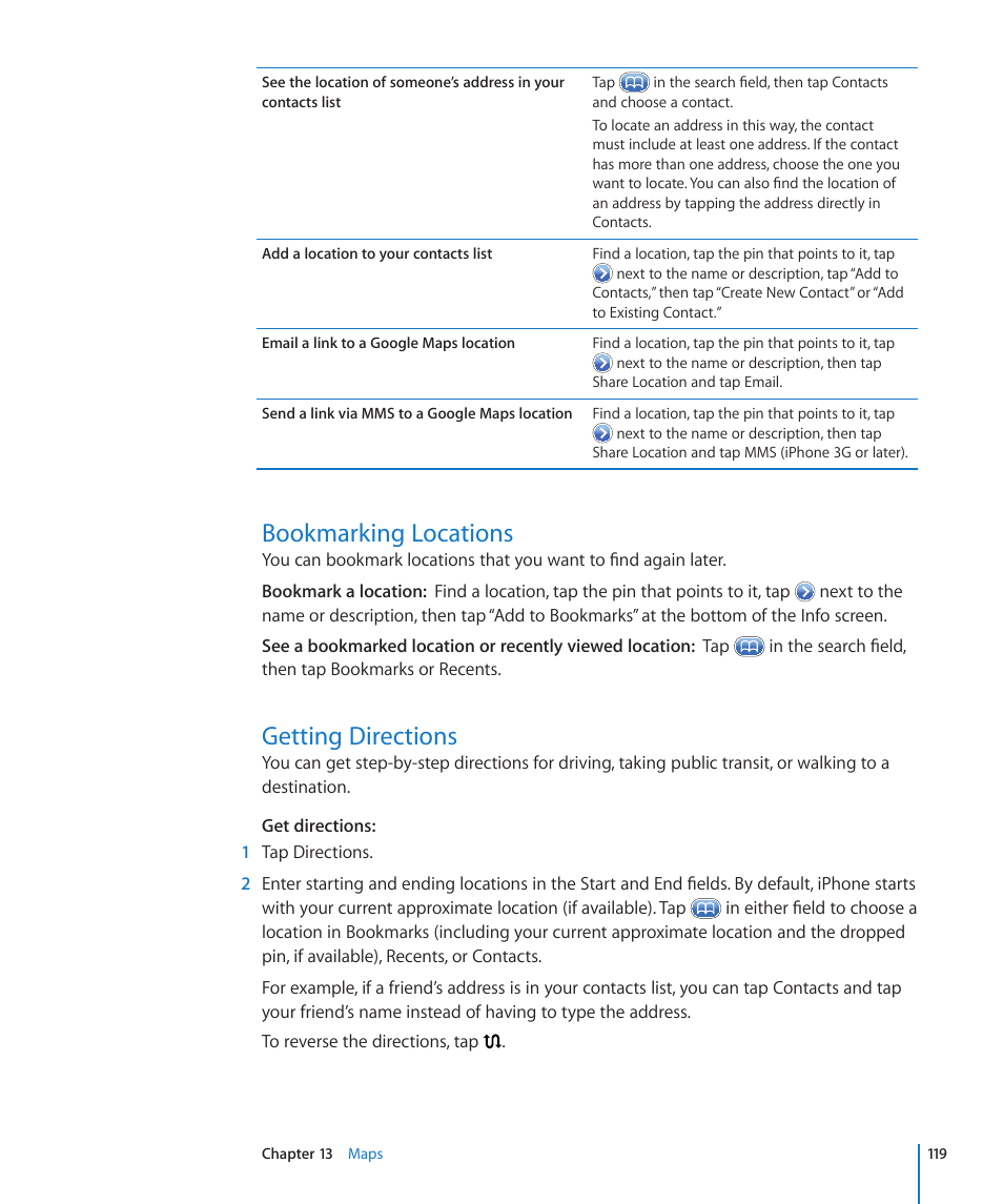 Bookmarking locations, Getting directions, 119 bookmarking locations 119 getting directions | Apple iPhone OS 3.1 User Manual | Page 119 / 217