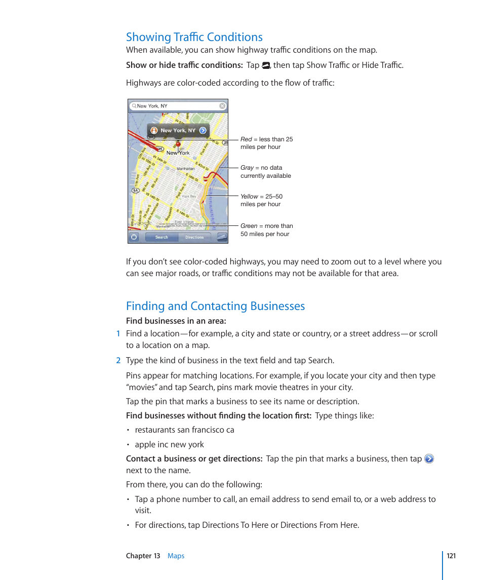 Showing traffic conditions, Finding and contacting businesses | Apple iPhone OS 3.1 User Manual | Page 121 / 217