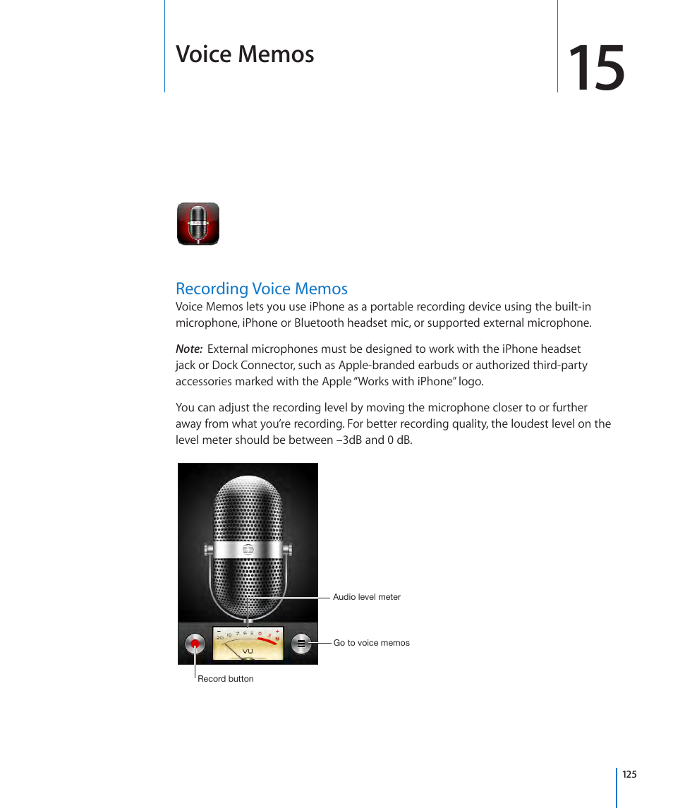 Chapter 15: voice memos, Recording voice memos, 125 recording voice memos | Apple iPhone OS 3.1 User Manual | Page 125 / 217