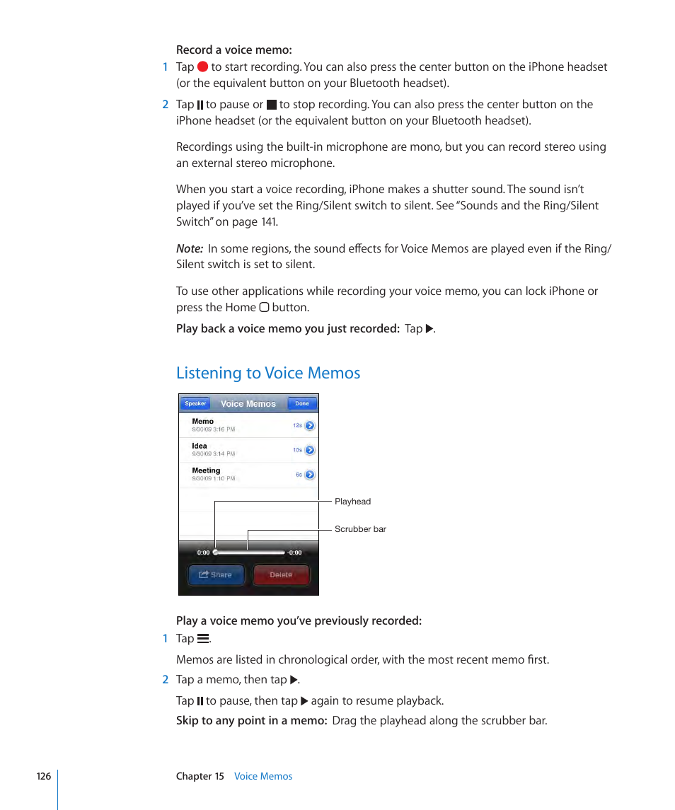 Listening to voice memos, 126 listening to voice memos | Apple iPhone OS 3.1 User Manual | Page 126 / 217