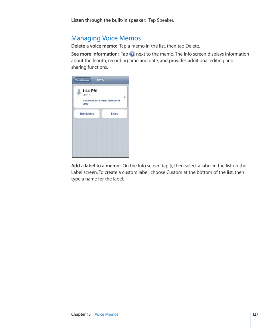 Managing voice memos, 127 managing voice memos | Apple iPhone OS 3.1 User Manual | Page 127 / 217