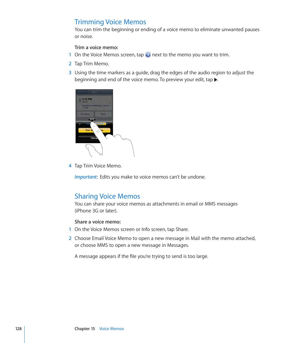 Trimming voice memos, Sharing voice memos, 128 trimming voice memos 128 sharing voice memos | Apple iPhone OS 3.1 User Manual | Page 128 / 217