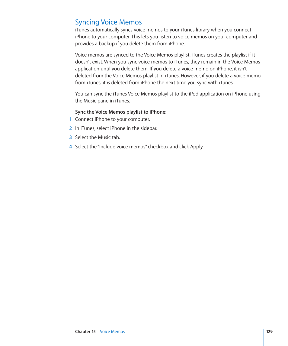 Syncing voice memos, 129 syncing voice memos | Apple iPhone OS 3.1 User Manual | Page 129 / 217