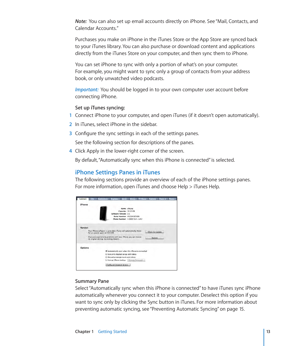 Iphone settings panes in itunes | Apple iPhone OS 3.1 User Manual | Page 13 / 217