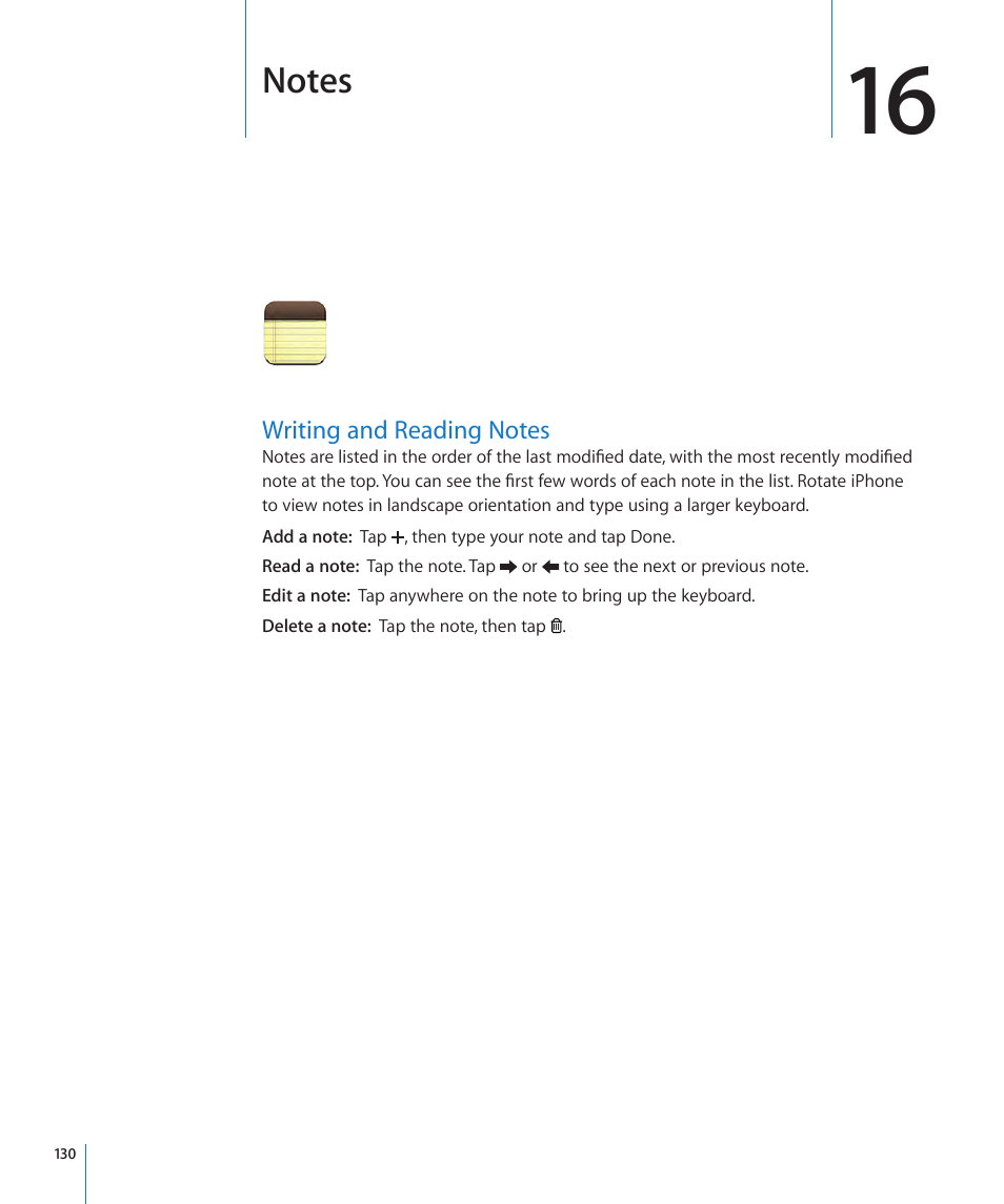 Chapter 16: notes, Writing and reading notes, 130 writing and reading notes | Apple iPhone OS 3.1 User Manual | Page 130 / 217