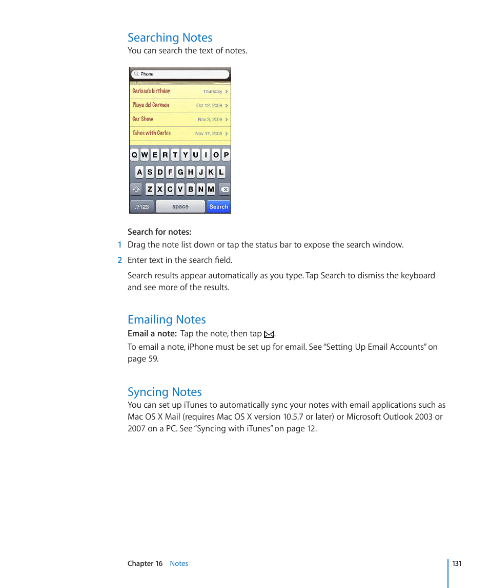 Searching notes, Emailing notes, Syncing notes | Apple iPhone OS 3.1 User Manual | Page 131 / 217