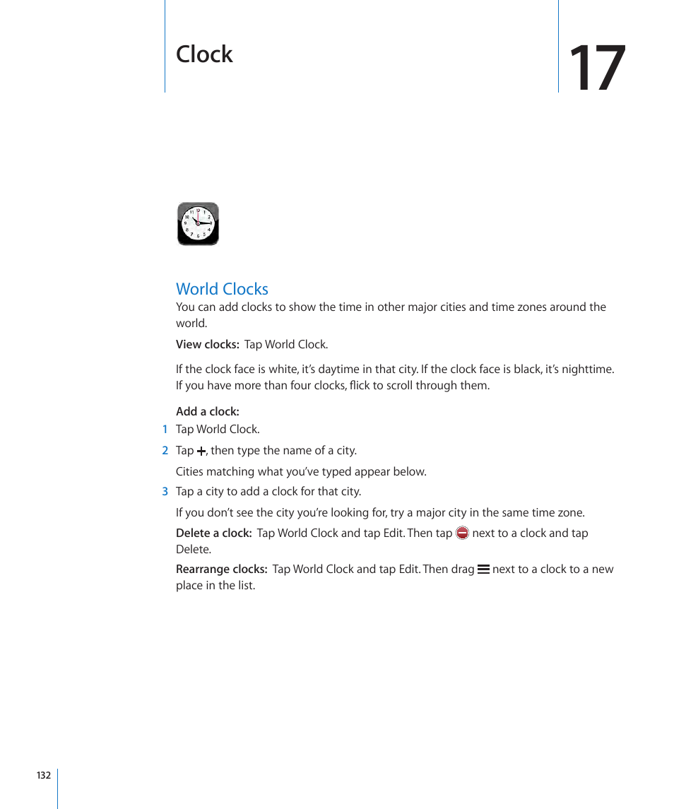 Chapter 17: clock, World clocks, 132 world clocks | Clock | Apple iPhone OS 3.1 User Manual | Page 132 / 217