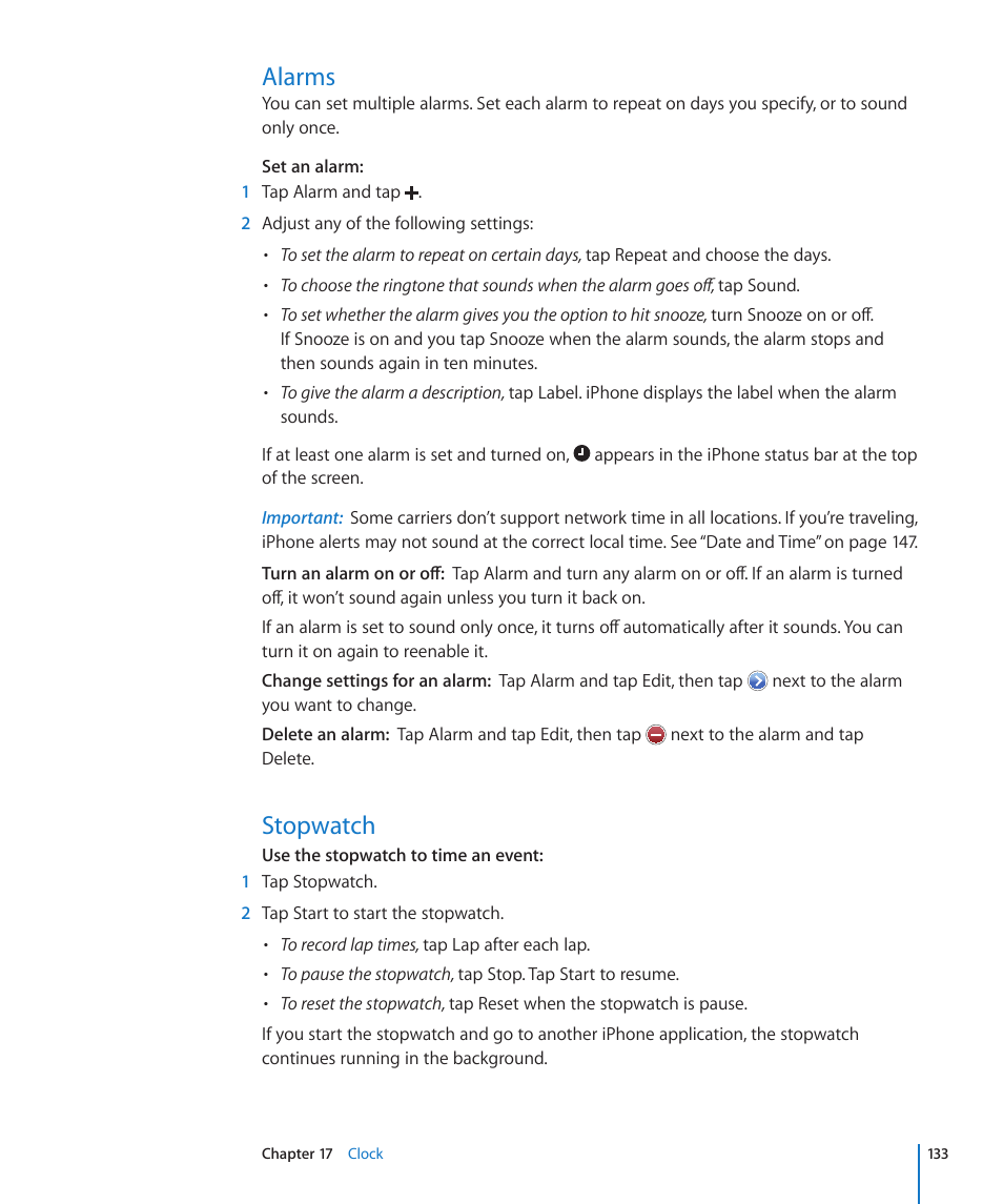 Alarms, Stopwatch, 133 alarms 133 stopwatch | Apple iPhone OS 3.1 User Manual | Page 133 / 217