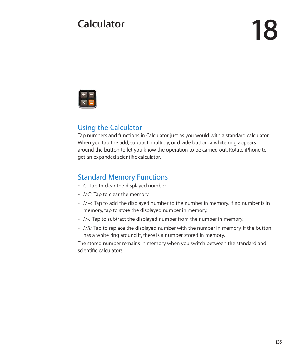 Chapter 18: calculator, Using the calculator, Standard memory functions | Calculator | Apple iPhone OS 3.1 User Manual | Page 135 / 217