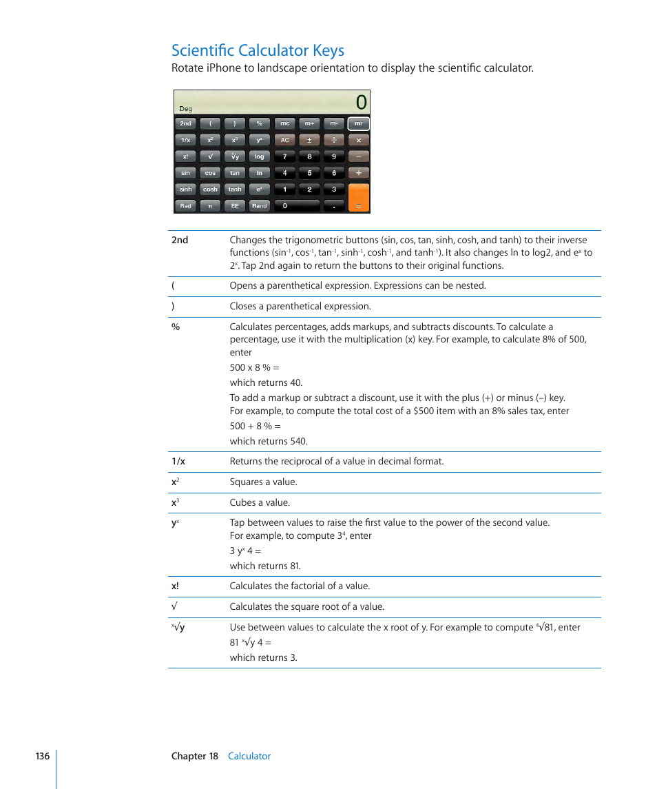 Scientific calculator keys, 136 scientific calculator keys | Apple iPhone OS 3.1 User Manual | Page 136 / 217