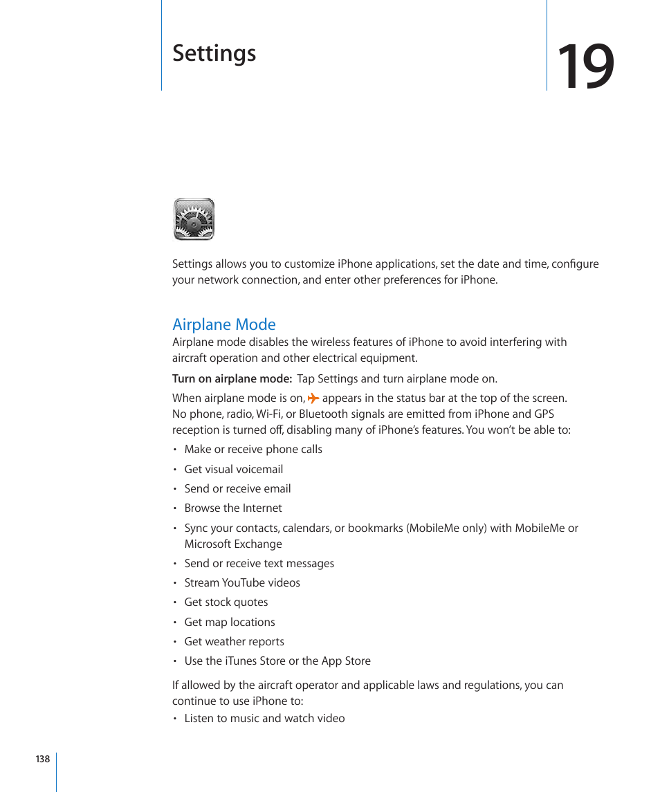 Chapter 19: settings, Airplane mode, 138 airplane mode | Settings | Apple iPhone OS 3.1 User Manual | Page 138 / 217