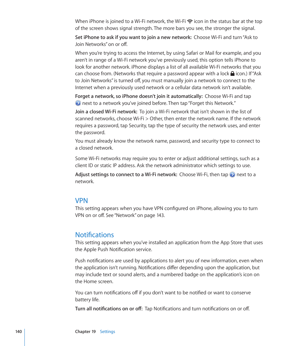 Notifications, 140 vpn 140 notifications | Apple iPhone OS 3.1 User Manual | Page 140 / 217