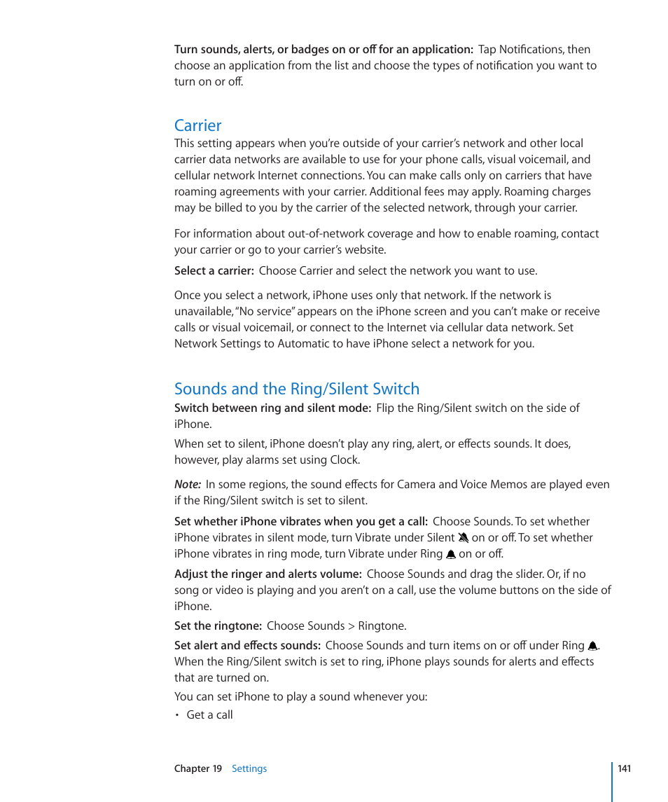 Carrier, Sounds and the ring/silent switch, 141 carrier 141 sounds and the ring/silent switch | Apple iPhone OS 3.1 User Manual | Page 141 / 217