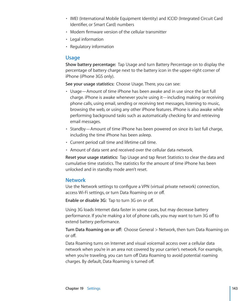 Network, Usage | Apple iPhone OS 3.1 User Manual | Page 143 / 217