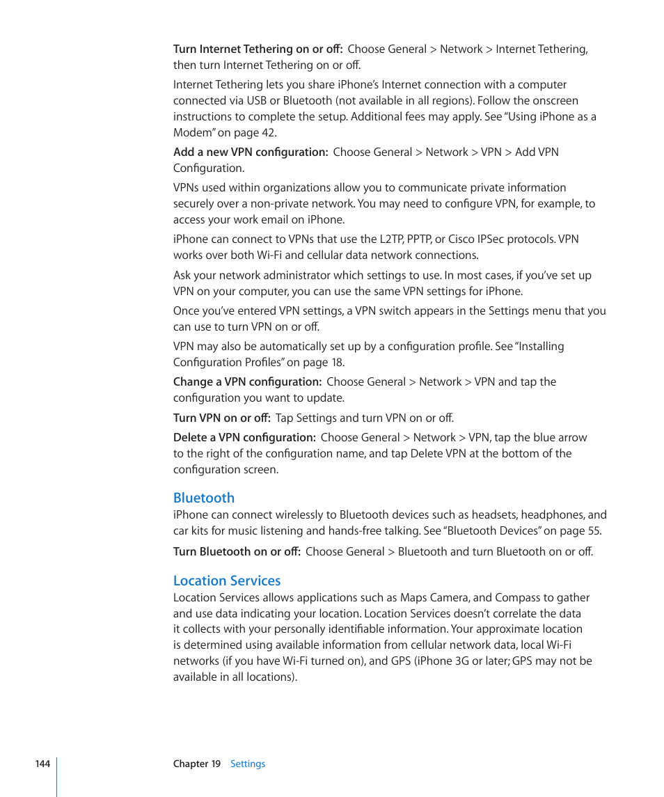 Bluetooth, Location services | Apple iPhone OS 3.1 User Manual | Page 144 / 217