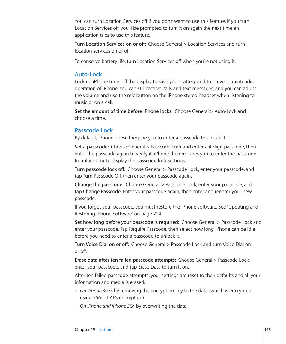 Auto-lock, Passcode lock | Apple iPhone OS 3.1 User Manual | Page 145 / 217