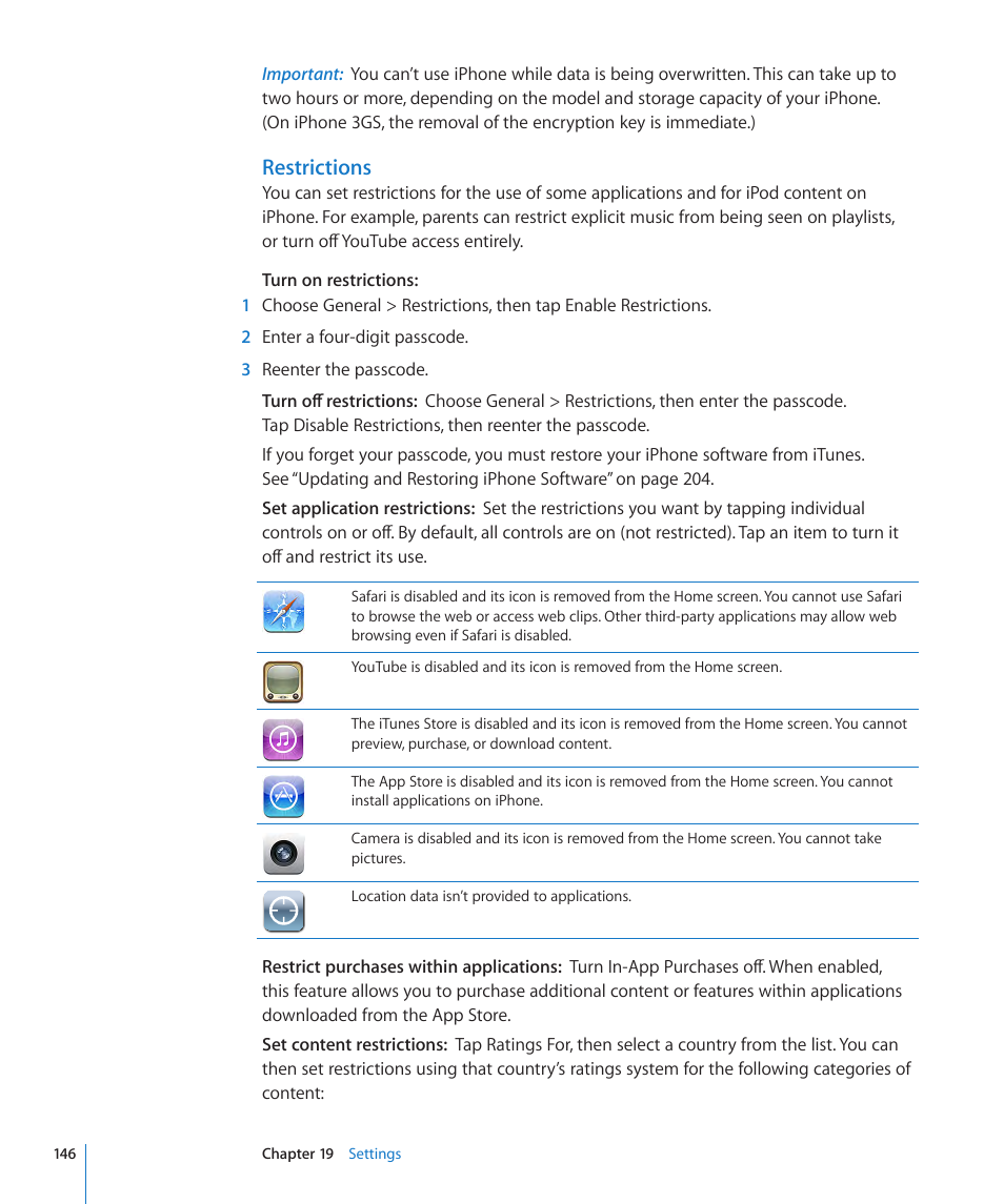 Restrictions | Apple iPhone OS 3.1 User Manual | Page 146 / 217