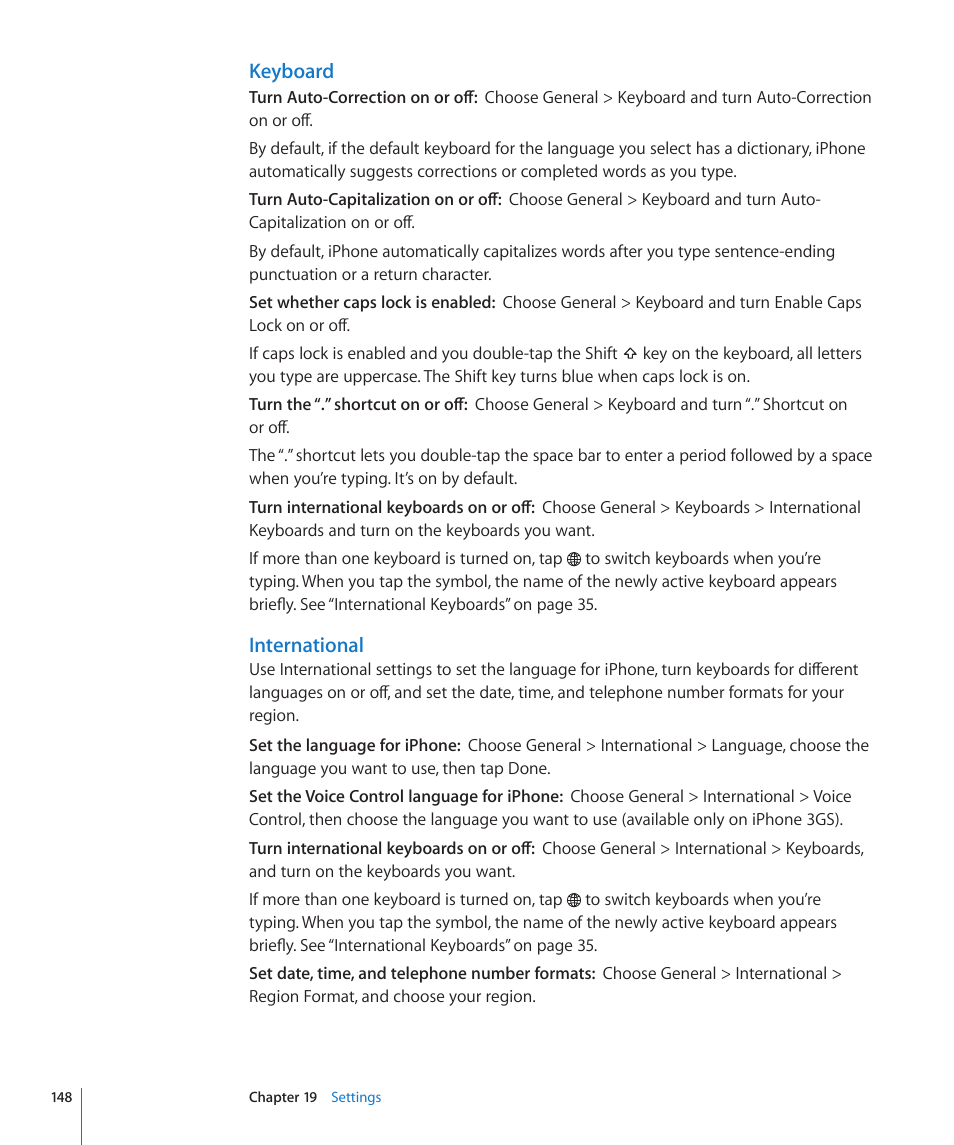 Keyboard, International | Apple iPhone OS 3.1 User Manual | Page 148 / 217