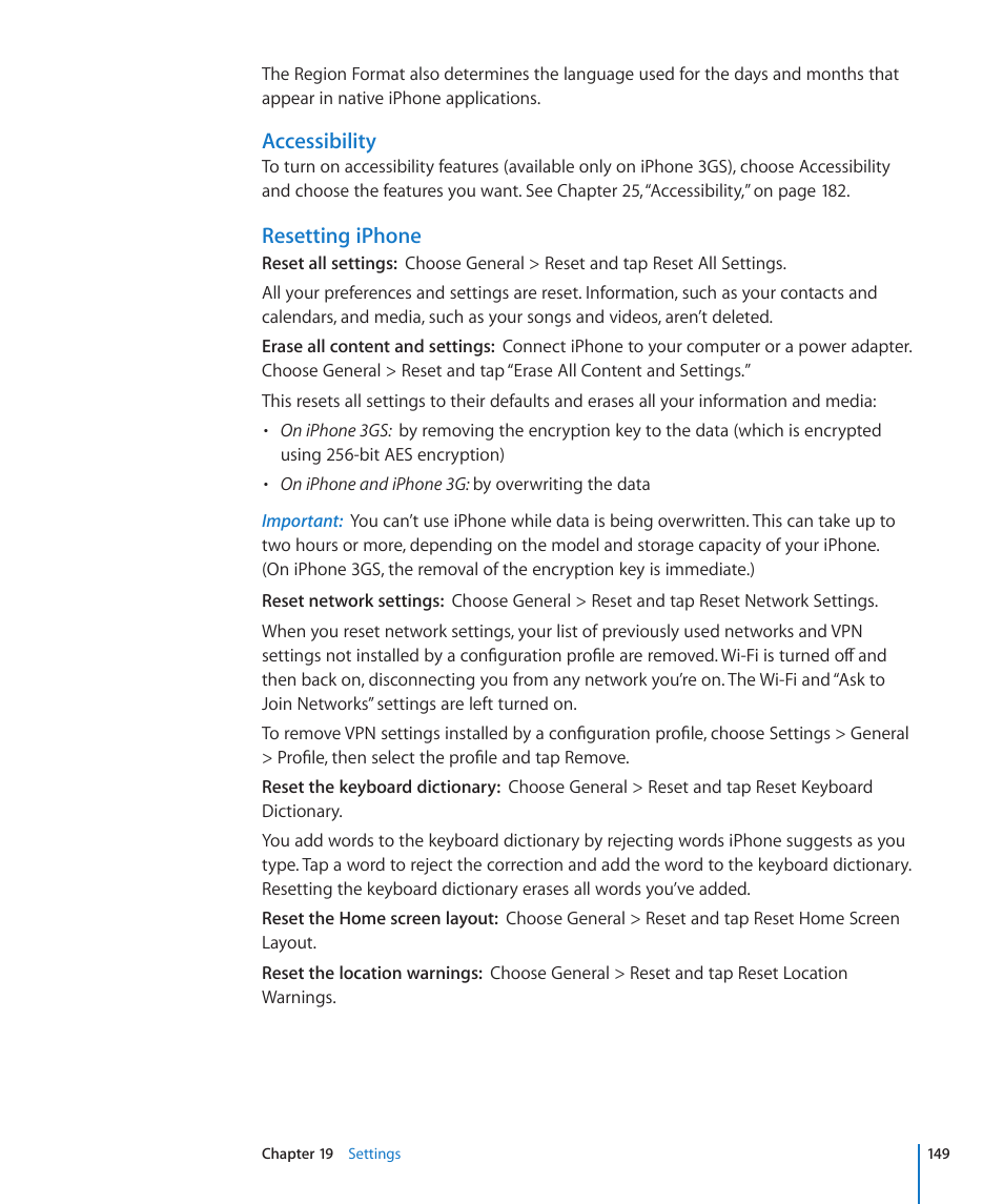 Resetting iphone, Accessibility | Apple iPhone OS 3.1 User Manual | Page 149 / 217