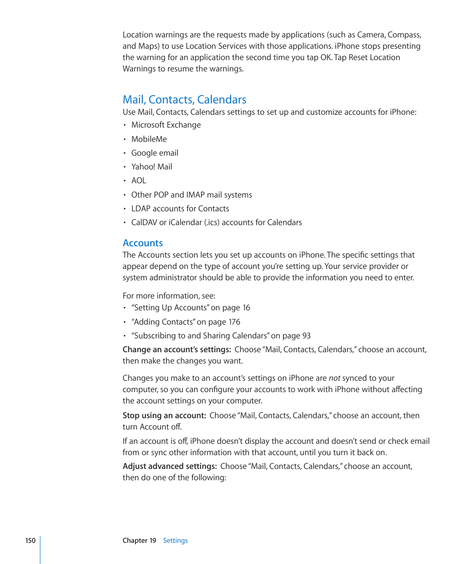 Mail, contacts, calendars, 150 mail, contacts, calendars, Accounts | Apple iPhone OS 3.1 User Manual | Page 150 / 217