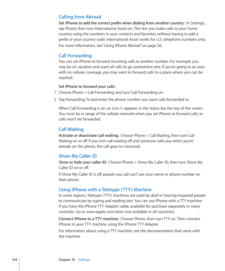 Call forwarding, Using iphone with a teletype (tty) machine | Apple iPhone OS 3.1 User Manual | Page 154 / 217