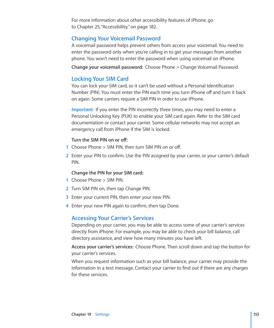 Changing your voicemail password, Locking your sim card, Accessing your carrier’s services | Apple iPhone OS 3.1 User Manual | Page 155 / 217