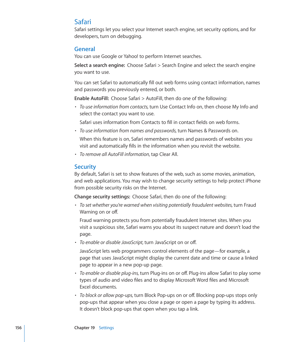 Safari, 156 safari, General | Security | Apple iPhone OS 3.1 User Manual | Page 156 / 217