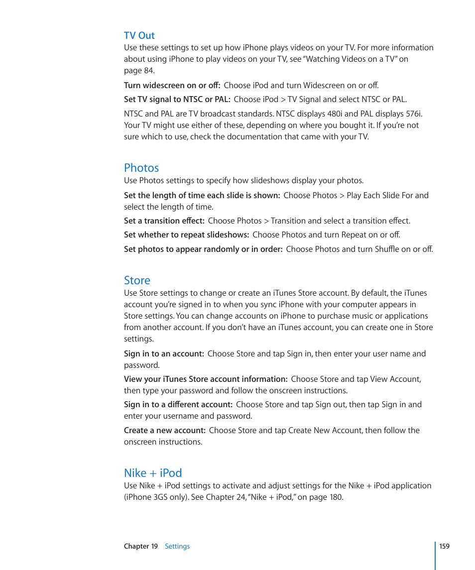 Photos, Store, Nike + ipod | 159 photos 159 store 159 nike + ipod | Apple iPhone OS 3.1 User Manual | Page 159 / 217
