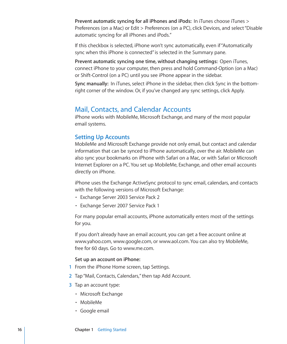 Mail, contacts, and calendar accounts, 16 mail, contacts, and calendar accounts, Setting up accounts | Apple iPhone OS 3.1 User Manual | Page 16 / 217