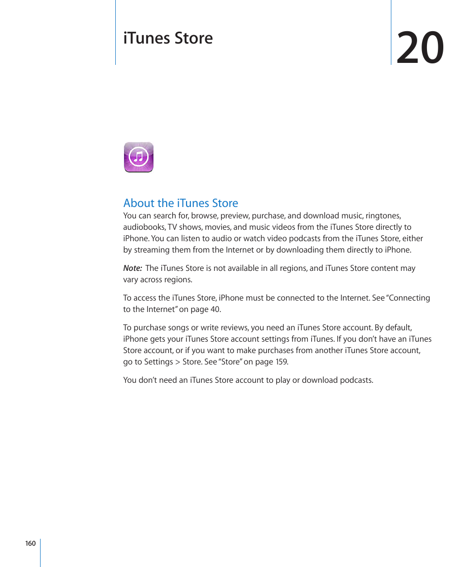 Chapter 20: itunes store, About the itunes store, 160 about the itunes store | Itunes store | Apple iPhone OS 3.1 User Manual | Page 160 / 217