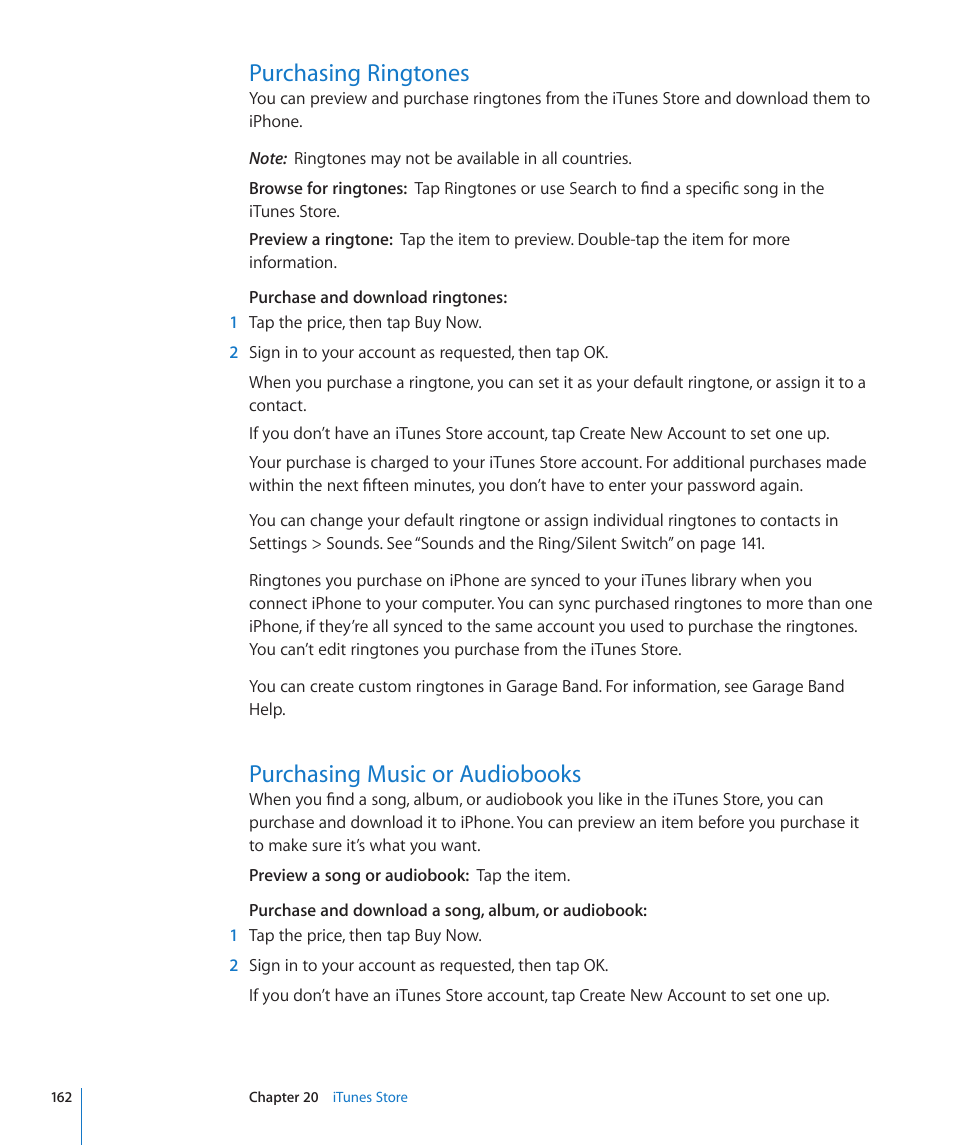 Purchasing ringtones, Purchasing music or audiobooks | Apple iPhone OS 3.1 User Manual | Page 162 / 217