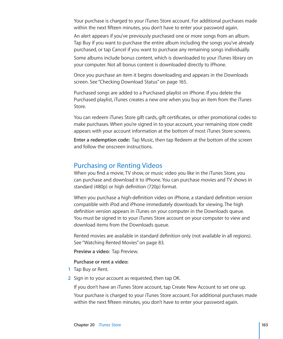 Purchasing or renting videos, 163 purchasing or renting videos | Apple iPhone OS 3.1 User Manual | Page 163 / 217