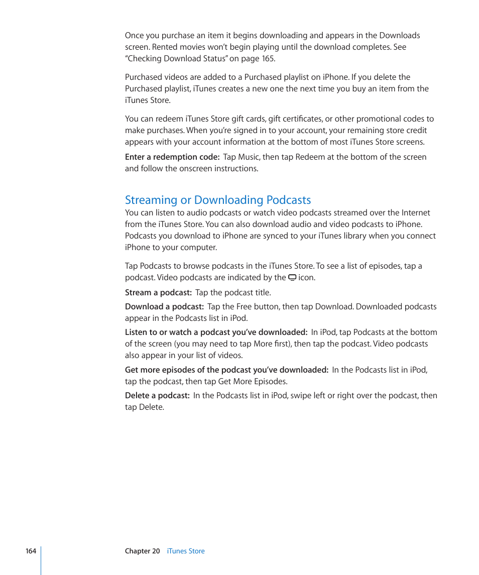 Streaming or downloading podcasts, 164 streaming or downloading podcasts | Apple iPhone OS 3.1 User Manual | Page 164 / 217