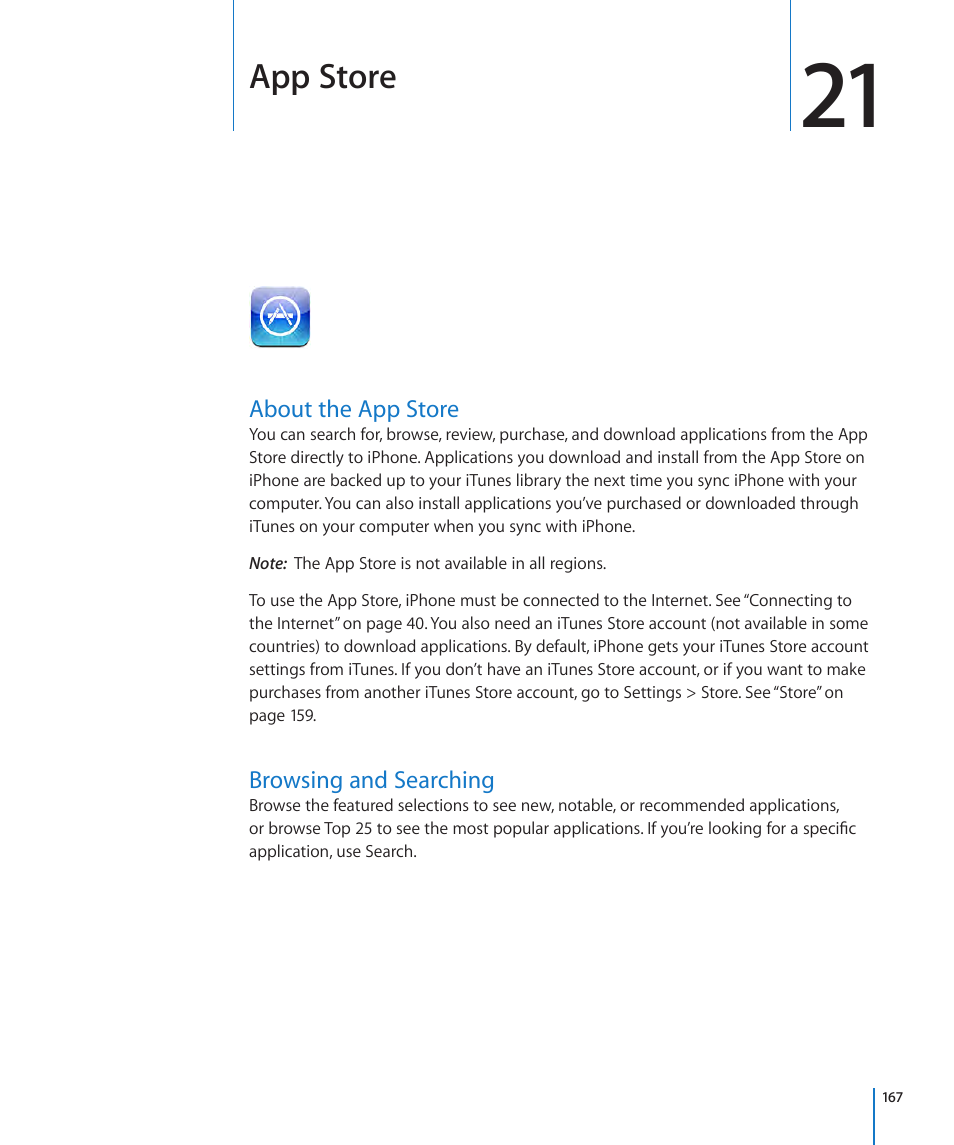 Chapter 21: app store, About the app store, Browsing and searching | 167 about the app store 167 browsing and searching, App store | Apple iPhone OS 3.1 User Manual | Page 167 / 217