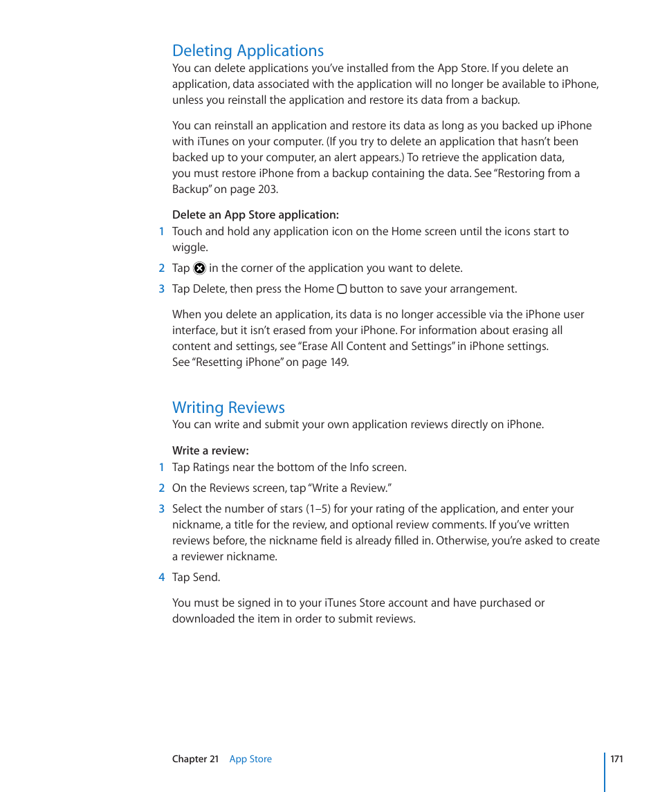 Deleting applications, Writing reviews, 171 deleting applications 171 writing reviews | Apple iPhone OS 3.1 User Manual | Page 171 / 217