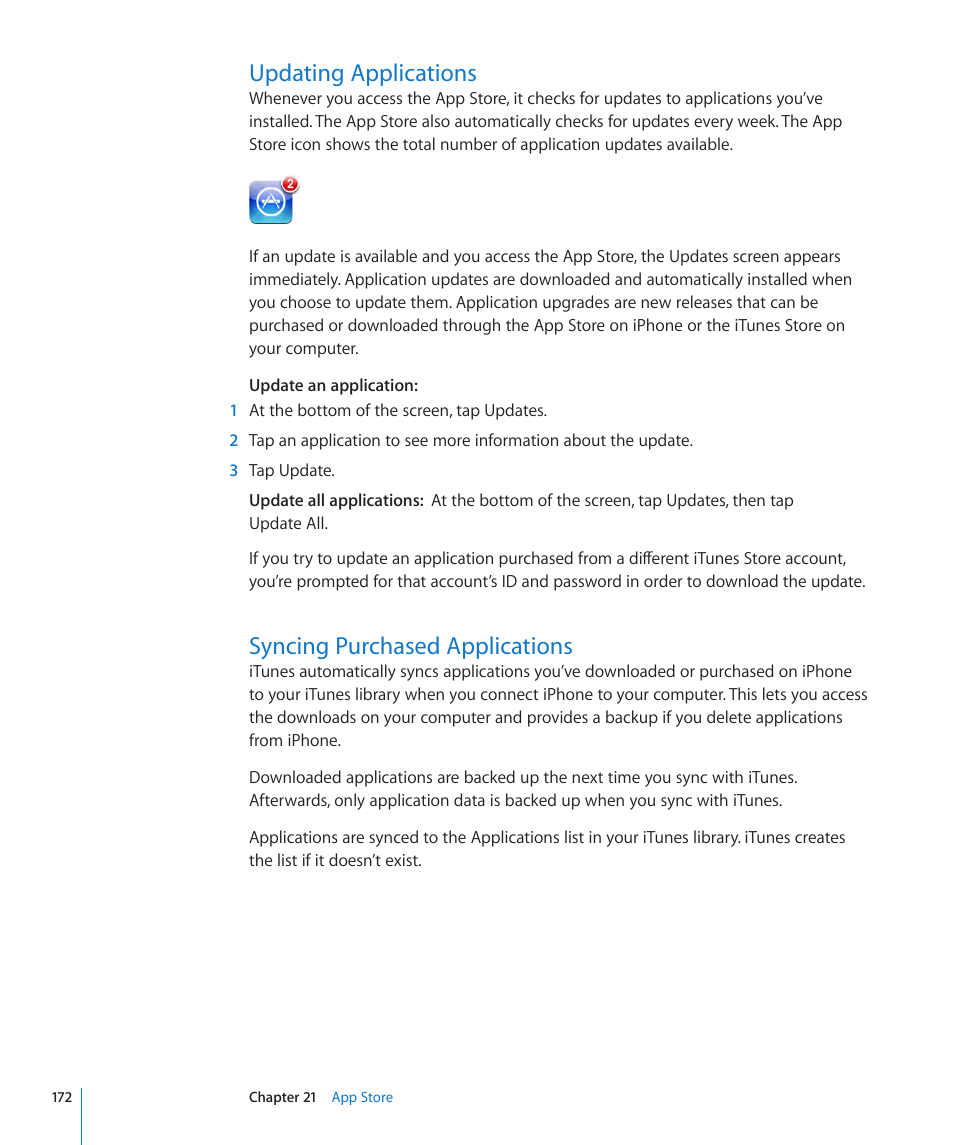 Updating applications, Syncing purchased applications | Apple iPhone OS 3.1 User Manual | Page 172 / 217