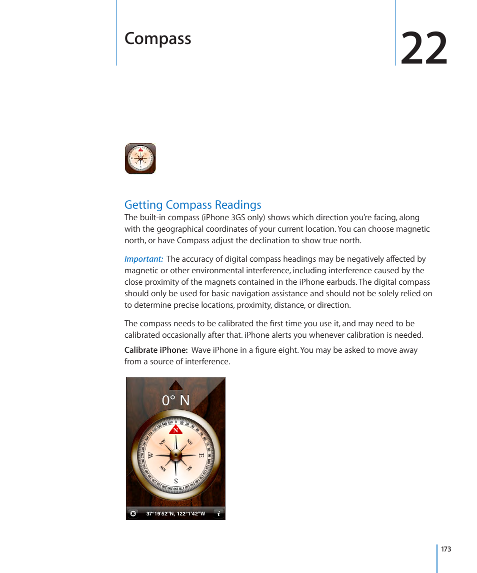 Chapter 22: compass, Getting compass readings, 173 getting compass readings | Compass | Apple iPhone OS 3.1 User Manual | Page 173 / 217