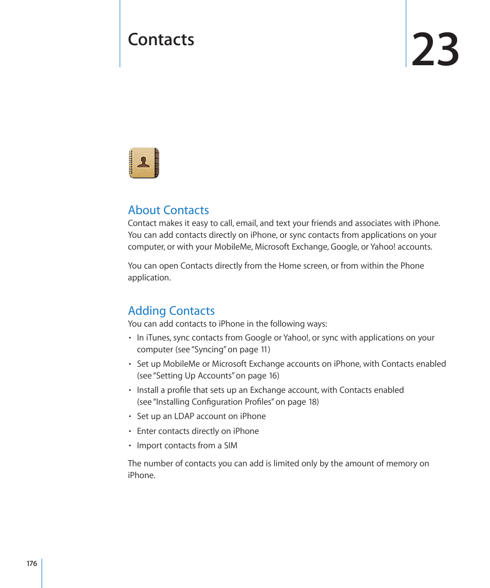 Chapter 23: contacts, About contacts, Adding contacts | 176 about contacts 176 adding contacts, Contacts | Apple iPhone OS 3.1 User Manual | Page 176 / 217