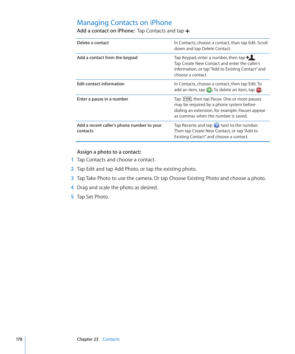 Managing contacts on iphone, 178 managing contacts on iphone | Apple iPhone OS 3.1 User Manual | Page 178 / 217