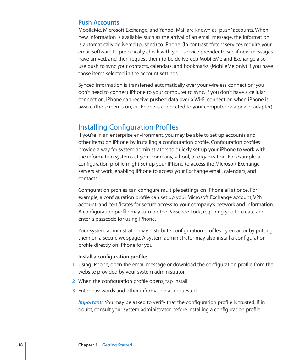 Installing configuration profiles, Push accounts | Apple iPhone OS 3.1 User Manual | Page 18 / 217