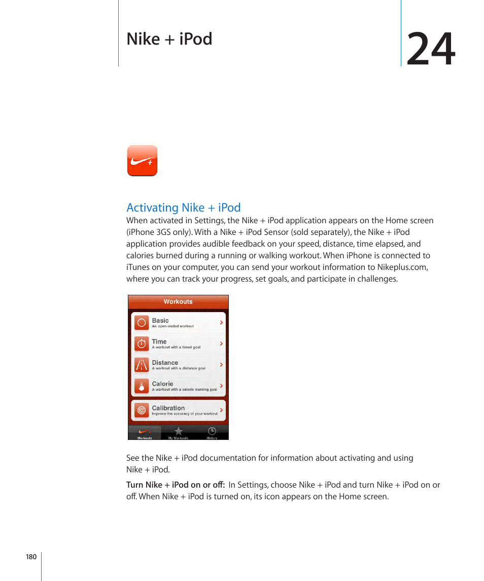 Chapter 24: nike + ipod, Activating nike + ipod, 180 activating nike + ipod | Nike + ipod | Apple iPhone OS 3.1 User Manual | Page 180 / 217